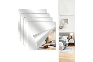 CERULETREE Large Full Body Length Acrylic Mirrors Stickers for Walls, 4pcs HD Self Adhesive Mirror Tiles, Shatterproof Wall-Mounted Stick On Makeup Mirrors for Bedroom, Living Room, Wardrobe Doors(20x20cm)