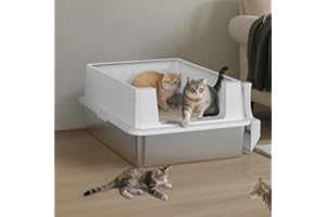 MIXJOY XXXL Stainless Steel Cat Litter Tray, Metal Cat Litter Box with 31cm High Sided, 71cm Extra Large Litter Box with Detachable Lid for Big Cats/Multiple Cats, with Litter Scoop, 71x51x31cm