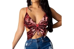 SamHeng Haut de crop top pour femmes, Butterfly Sequin Halter Top Bandage Top, Costume de gilet sans manche à tube arrière à lanière pour la danse du ventre, la danse latine, le club de fête
