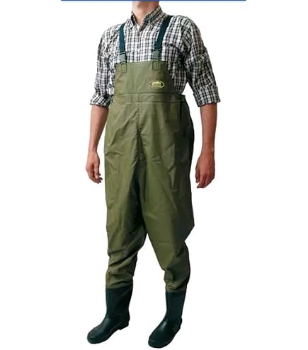 Fiqops Wathose - Pantaloni da pesca da uomo, impermeabili, con stivali, leggeri, in neoprene 70D, in nylon PVC, da donna, per pesca, fattorie, giardini, taglia (42/43L), verde, 42/43L