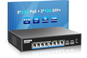 8-portowy przełącznik PoE 2,5 G bez zarządzania z 8 portami 2.5 Gb Base-T PoE+@130W + 2 x 10G SFP+ Uplink, NICGIGA 10 Port 2.5Gbe IEEE802.3af/at Power Over Ethernet Switch, Support WiFi6 AP, NAS, 4K