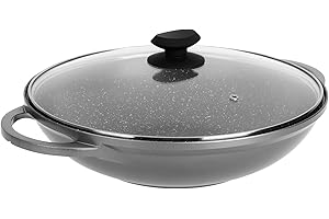 Sitram 714225 Wok Fonte Aluminium Intérieur effet Pierre Ø 32cm H8 cm - Revêtement anti-adhésif 2 couches sans PFOA, Couvercle Vapeur Verre, Poignées Fonte d'Aluminium - Tous feux dont induction