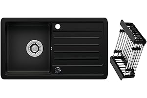 Rein Schwarz LINDBERGH® Antibakterielle Granit Spüle "VEL44" + Siphon Einbauspüle Küchenspüle Spülbecken + IMPRÄGNIERUNG - Verbundstoffe MADE IN GERMANY (7. Spüle VEL44 + Korb)