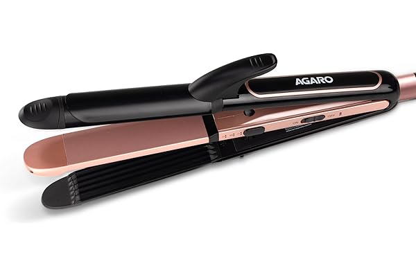 AGARO 3in1 Hair Styler, Straightener, Crimper, Curler For Women HS1119, Keratin Infused Ceramic Coated Plate, Variable Style Settings, Hair styling, Colour Black & Rose Gold