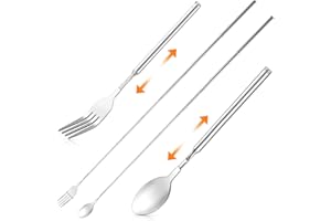Nogeqi Juego de 2 tenedores telescópicos extensibles, cuchara, cuchara telescópica larga, tenedor de 20,5-65 cm, de acero inoxidable, tenedor telescópico, cuchara telescópica, cubiertos extensibles