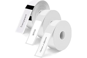 POFIBO Thermo Etikettenband 12x40mm, 3 Rollen Selbstklebendes Thermo Etiketten Papier, Etikettendrucker Thermoband Etiketten für Haus, Büro und Schule, Weiß und Transprantent
