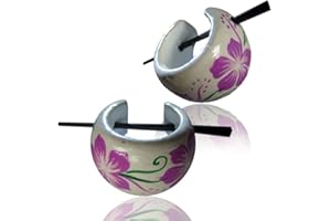 CHICNET Chic-Net Hawaii orecchini fiore viola legno verde bianco orecchini a cerchio pin pin Hoops legno pin corno dipinto a mano 16 millimetri