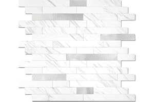 Yipscazo 10 Sheets Peel and Stick Stone Metal Tile Backsplash, Stick on Tiles for Backsplash Kitchen, Bathroom, Laundry Room, Camper, Fireplace (12'' X 12'', White Stone with Metal)