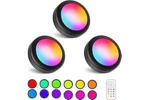 WUYOR Wireless Under Cabinet Lights with Remote, 16 Colors LED Under Cupboard Lights, Stick on Wardrobe Lights Under Counter Lights Remote Control, RGB Puck Lights, 3 Pack - Black
