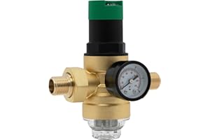 Vancoco Druckminderer Wasser 1/2 Zoll Adapter DN 15, Wasserdruckregler mit Manometer und Filter, Wiederverwendbarer Druckregler aus Messing
