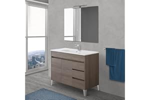 Inbagno Mobile Bagno a Terra 100 cm, Linea Way 3 cassetti + 2 Ante, Completo di lavabo e Specchio (Rovere Scuro)