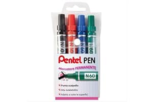 Pentel Pen N60 Marcatore Permanente Punta Scalpello Set 4 pz Colori Assortiti (nero,rosso,blu,verde)