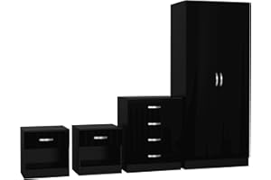 Nera High Gloss Bedroom Furniture Set 4 Piece Set with Wardrobe Chest of Drawer Bedside Table Bedroom Storage (Gloss Black(Matt Black))