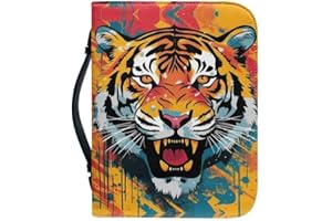 Kuiaobaty Funda de libro con estampado de tigre rugido, con cremallera, organizador de almacenamiento con asa, funda de libro de tigre de color de piel sintética