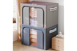 UWENKJIE 100L wardrobe organizer and storage, foldable Oxford cloth steel frame box, transparent windows and handles, waterproof, can accommodate large capacity clothes, bedding, blankets, 2-piece set (blue)