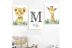 YOUIHOM 3 Quadri Personalizzati Neonato Poster Nome Leone Giraffa Camera Bambino Stampe Animali Giungla Decorazione da Parete Regalo 30 x 40 cm senza Cornice