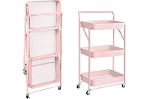 NTEK 3 Tiers Foldable Storage Trolley Cart, Handle & Foldable Metal Rolling Organizer Cart, Trolley with Locking Wheels for Kitchen, Kitchen Storage Wagon, Storage Tower Holder Rack (PINK)