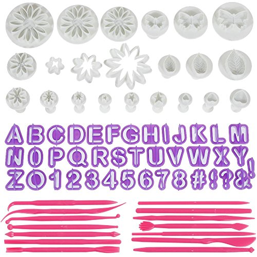 Anpro Fondant Ausstecher 76 tlg, 40 Buchstaben Ausstechformen, 22 Ausstechformen Auswerfer Stempel Tortendeko mit 14 Marzipan Messer