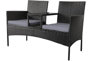 Panana Rattan Loveseat Patio Love Seat 2 Seater Bench with Grey Cushions, Built-In Centre Glass Table Wicker Garden Furniture for Outdoor Balcony Poolside Bistro