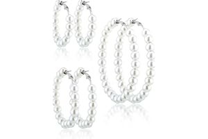 HICARER 3 Paires Boucles d'Oreilles de Créoles de Perles Boucles d'Oreilles de Perle pour Cadeau de Mariée de Femmes Filles (Aiguille de Boucle d'Oreille en Argent)