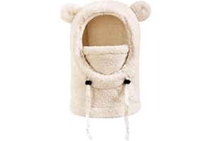 Générique Chapeau Echarpe Enfant Hiver Cagoule Bonnet Bebe Fille Chapeau en Peluche Doux et 2 en 1 Chaud Double Pompon Cagoule Balaclava pour Ski Snowboard Patinage Randonnée Activités de Plein
