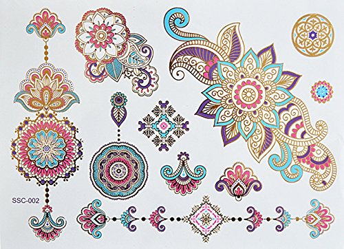 XL FARBIGE BUNTE METALLIC TATTOO SC02 06 FLASH TATTOO MANDALA ELEFANTEN Henna Design Gold Rosa Blau Lila Blumen Tattoo Kleber- XL Bogen - 2