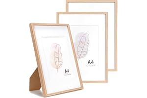 KAIWIN Bilderrahmen A4 Eichenholz Holz Fotorahmen 3er Set mit Passepartout zum aufhängen und aufstellen Benutzt für Wohnzimmer, Schlafzimmer, Arbeitszimmer, für Fotos, Kunstwerke und Poster