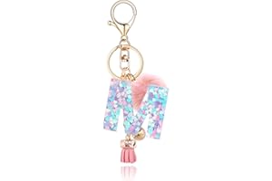 QUKE Alphabet Initial Letter Keychain for Women Girls Resin Keyring for Purse School Bag With Fur Ball Pom