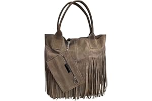 Modarno Borsa shopper da donna in vera pelle scamosciata con frangia più custodia per gioielli dello stesso colore - Borsa a mano - Borsa a spalla