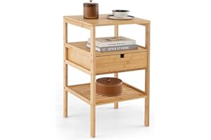 COSTWAY Stolik nocny z bambusa, 3-stopniowy stolik pomocniczy z szufladą i regałem z listew, konsola nocna do łóżka kontynentalnego, stolik nocny do sypialni i salonu, 40 x 40 x 68 cm, HU10209NADE