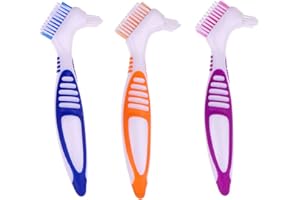 EvaGO 3 Pcs Denture Cleaning Brush with Multi-Layered Bristles and Ergonomic Rubber Handle Portable Denture Brush Double Sided Brush for False Teeth Cleaning (Blue, Purple, Orange)