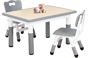 FUNLIO Tavolino con 2 Sedie per Bambini, Tavolino e Sedie Regolabili in Altezza per Età 3-8 Anni per Aule/Case, Tavolo Bambini per Arti Facile da Pulire, Approvato CPC e CE (3 pezzi)-Rettangolo-Grigio