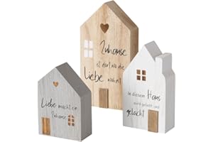 BOLTZE Set di 3 espositori decorativi "Mein Haus Natur", colore: grigio e bianco, casette in legno con scritta (3 motivi)