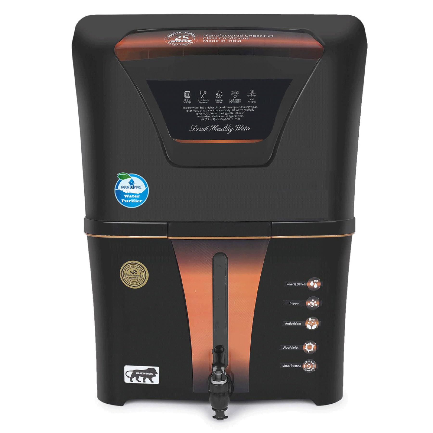 AQUA D PURE 4 in 1 Copper RO Water Purifier with 10 Stage Purification Filtration, UV, UF, TDS Adjuster and 12 Liter Large St