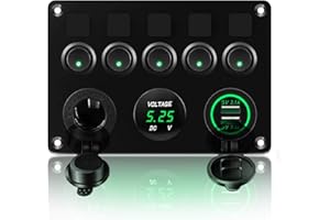 KAOLALI Schaltpanel 12V/24V Kippschalter 5 Gang IP65 Wasserdicht + 4.2A Dual USB Ladegerät + Zigarettenanzünder Buchse + LED Wippschalter für Boot Wohnmobil Auto Fahrzeuge LKW Yacht (Grün)