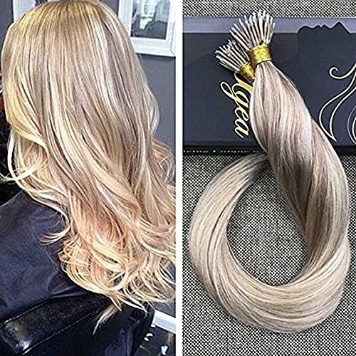 Ugeat #18/613 Ash Brown with Bleach Blonde Color Piano Brazilian Human Hair Extensions 14 Inch Nano Ring Hair Extensions 0.8g 40g/pack