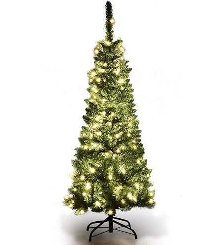 COSTWAY Kunstkerstboom van 225 cm met verlichting en sneeuw, potlood dennenboom met 350 warmwitte ledlampen en 75 dennenappels, smalle kerstboom voor thuis