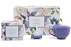 Tea Forte Demoiselle 3-delat premiumtepresentset med Indigo Café-kopp och lock, tebricka och 10 Count Mini Presentation Box, 2 av varje sort handgjorda pyramid-tepåsar