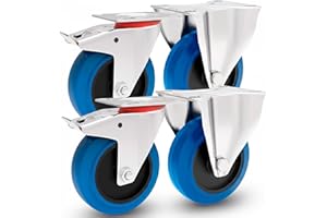 PRIOSTAHL Transportrollen mit Bremse 80mm Möbelrollen Schwerlast - Bockrollen Set Gummi Rollen Blue Wheels Lenkrollen für Rollbrett Werkstatt schwere Möbel Palettenmöbel Rollwagen Räucherschrank Werkzeugwagen