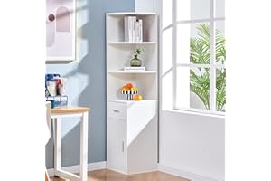 MeJa Corner Cabinet Unit White Living Room Bookcase Storage Cabinet with 3-Tier Shelves drawer and door Bathroom Corner Storage Cabinet Corner Shelving Unit Cabinet for Small Space