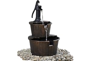 SERENITY WATER FEATURES Serenity 2 Tier Barrel Cascading Water Feature with Traditional Hand Pump for Outdoor Garden and Patio Diameter 40.5 x H69cm