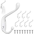 GOTRUST Prong Wall Mounted Hooks, 8Pcs Vintage Hooks for Coats, White Double Door Hooks with 16Pcs Screws, Metal Bathroom Hanger Hooks Clothes Hooks for Towel Hat Keys Bag