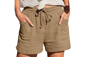 OLIPHEE Pantalones Cortos Mujer Shorts Mujer Short de Lino Mujer Short Color Sólido Cintura Alta con Cordones y Bolsillos Short Casual Chic Short Deportivo Mujer Short Verano Mujer