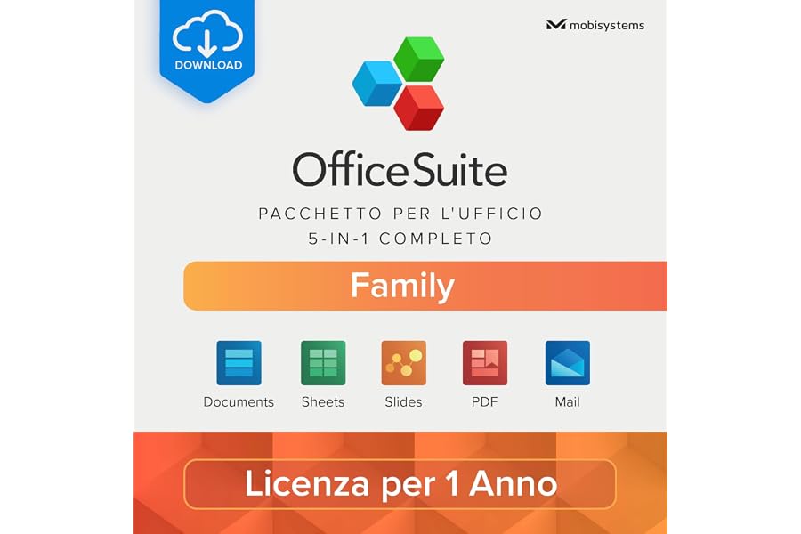 OfficeSuite Family | Pacchetto 5-in-1 per l'ufficio | Documents, Sheets, Slides, PDF, Mail e Calendar | Licenza annuale | 1 P