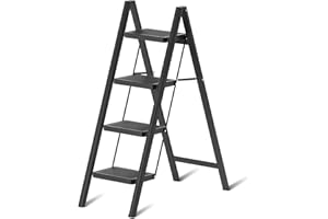 EOXCIIU 4 Step Ladder, Folding 4 Step Ladder Lightweight, Wide Steps, Portable and Load Capacity-150kg, Step Distance-24cm, Iron, Black