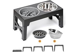 YY FOREYY FOREYY Adjustable Elevated Dog Bowls with 2 Stainless Steel Bowls and 1 Slow Bowl, Raised Dog Bowl 5 Heights, Non-Slip Dog Food water Bowl Stand for Small Medium Large Dogs(Gary)