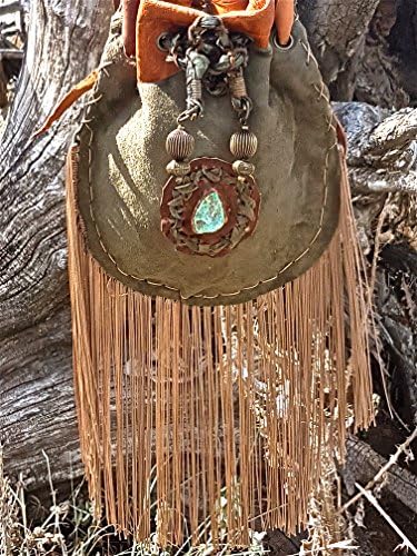Small leather handbag with fringes and a Chrysocolla.