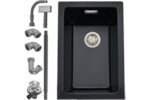 iAnomla Quartz Kitchen Sink 30x40cm/12x16in, Composite Inset/Undermount Kitchen Small Black Sink Waste Kit,Single Bowl Commercial with Overflow, Suitable for Workstation