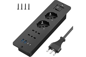 Aochxin Presa Angolare Multipresa Elettrica con 2 USB-A, 2 USB-C e 4 Prese, Ciabatta con Interruttore e Protezione Sovratensione, Cavo 2m, Presa Multipla per Mobili o Superfici di Lavoro (Nero)