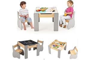 COSTWAY 4 en 1 Juego de Mesa y Silla Infantil, Mesa Infantil de Madera con 2 sillas, Manualidades, Dibujo, Lectura, Mesa Escritorio Infantilcon Almacenaje, Pizarra Desmontable para Guardería (Gris)